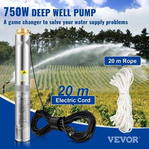 Dykpumpe 750W effektiv til industrielt brug. Pumper vand op til 100L/min, rustfrit stål, 20m ledning. Perfekt til kunstvanding!