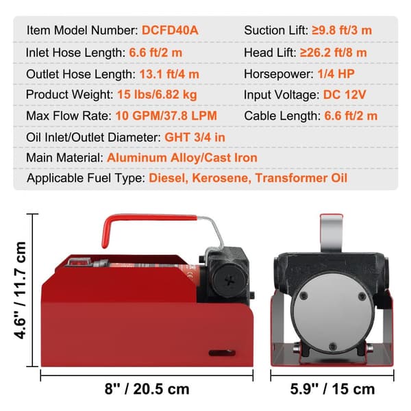 Kannettava 12 V DC polttoainepumpun sarja, 10 GPM, automaattinen sammutussuutin, letkut dieselille ja kerosiinille.