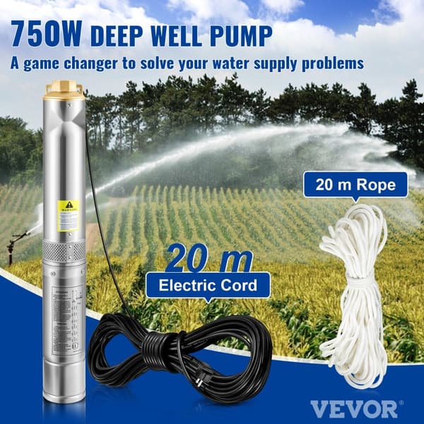 Dränkbar pump 750W, 230V/50Hz, 105L/min, 62m huvud, sandbeständig <5%, 20m kabel, rostfritt stål, IP68 vattentät.