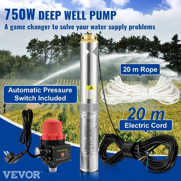 Dykpumpe 750W, 230V/50Hz, 105L/min, 62m løftehøjde. 20m ledning og automatisk trykafbryder. Rustfrit stål - ideel til industri.