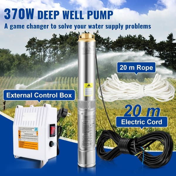Syvän kaivon uppopumppu 370 W, 110 L/min, 44 m pää, IP68 vesitiivis. Teollisuus- ja kastelukäyttöön.