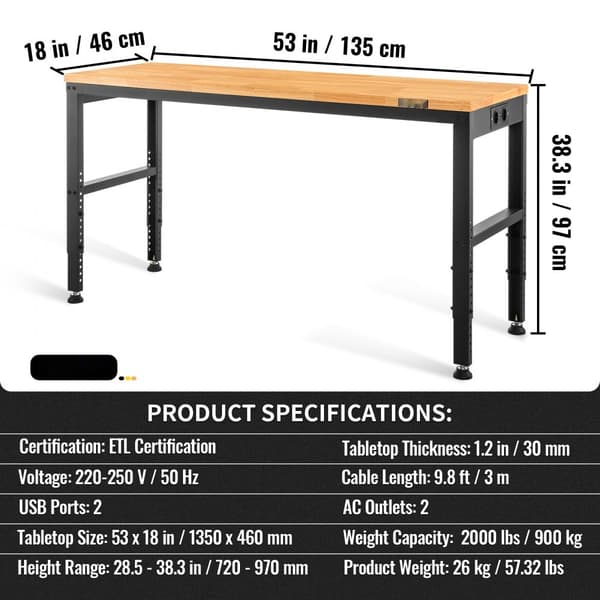 Säädettävä työpöytä, korkeus 72-97 cm, kantavuus 900 kg, pistorasiat ja kestävä rakenne toimistoon tai kotiin.