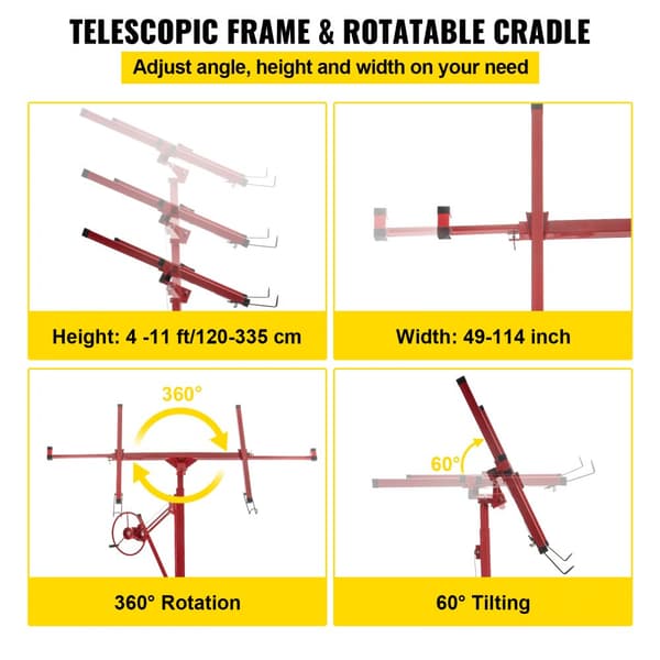 Gipsplade løftemaskine, 11 ft Panel lift med 150 lb kapacitet, stål med teleskoparm og 3 låsbare hjul, 48x192 inch.