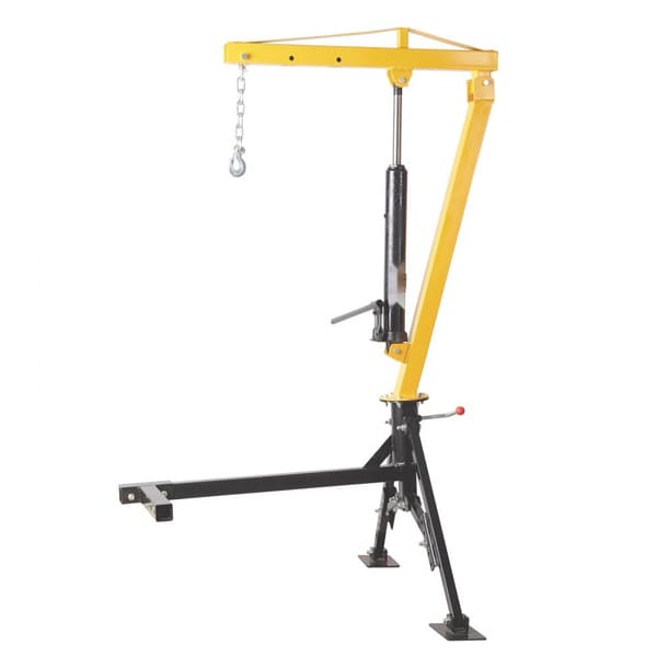 Hydraulisk pickup-kran med 1000 lbs kapacitet, 360° drejelig, trækmonteret. Ideel til byggeri, skovbrug og fabriksløft.