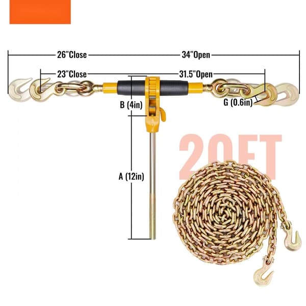 Raskaaseen käyttöön 2 kpl 3/8"-1/2" G80-ketjuja, 12 000 lbs kuormitusrajoitus, liukuestekahva ja vetoketjunsidonta.