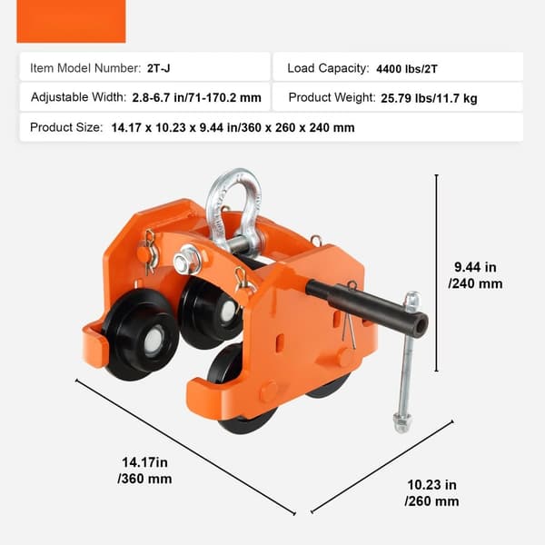 Manuel vogn, 2000 kg kapacitet, dobbelt-hjul skubbevogn, justerbar I-beam flangebredde 2,8"-6,7", slidstærk garagehejs i stål.