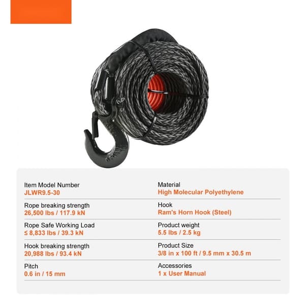 Synteettinen vinssiköysi 3/8" x 100' (26,500 lbs) suojaholkilla, taottu koukku ja vetohihna, soveltuu maastoautoille.