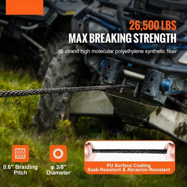 Synteettinen vinssiköysi 3/8" x 100' (26,500 lbs) suojaholkilla, taottu koukku ja vetohihna, soveltuu maastoautoille.
