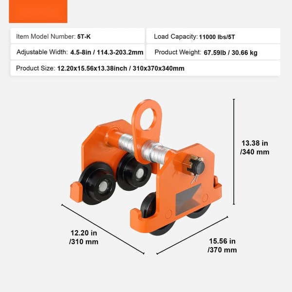 Manuell vagn, 11000 lbs/5 ton kapacitet, skjutbalkvagn med dubbla hjul, justerbar I-Beam flänsbredd 4,5"-8". Heavy Duty stål.