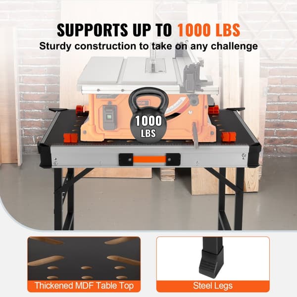 Hopfällbart arbetsbord 2-i-1, 1000 lbs kapacitet, stålben, bärbart verktygsställ, 4 bänkhundar, enkel garageförvaring.