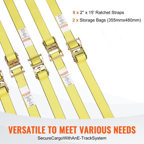 Ratscharband (8PK), 4400 lb brottstyrka, E-Track med 8 Premium 2" x 15" Ratscharband Heavy Duty för att säkra last.