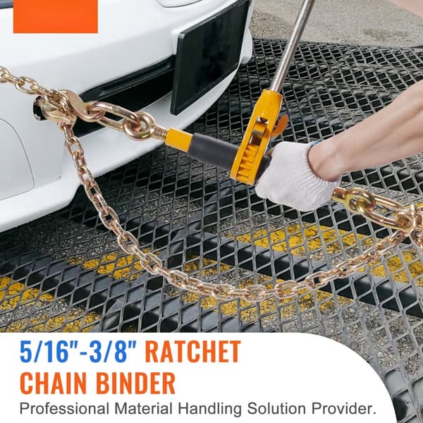 Ratchet Kædebinder, 5/16"-3/8" kraftig lastbinder med G80 kæder og 7100 lbs belastningsgrænse. Effektiv anti-skrid håndtag til fladbedstrække.