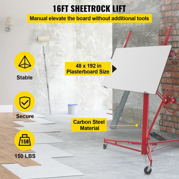 Kipsilevyn nostin, 16 ft Sheetrock Lift, 150 lb kapasiteetti, teräksinen teleskooppivarsi ja 3 lukittavaa pyörää.