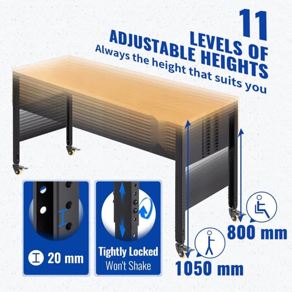 Justerbar arbejdsbænk 155 x 51 cm til garage, 720 kg kapacitet, med strømudtag, hårdttrætop, metalramme og drejelige hjul. Ideel til hjemmet.