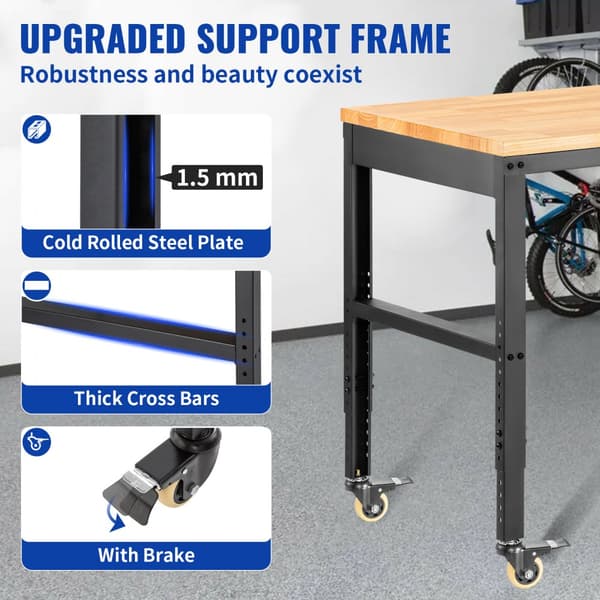 Justerbar arbejdsbænk 155 x 51 cm til garage, 720 kg kapacitet, med strømudtag, hårdttrætop, metalramme og drejelige hjul. Ideel til hjemmet.