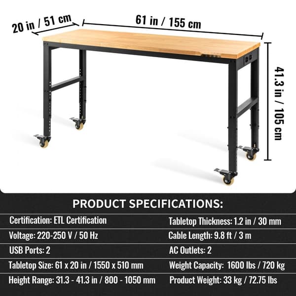 Justerbar arbejdsbænk 155 x 51 cm til garage, 720 kg kapacitet, med strømudtag, hårdttrætop, metalramme og drejelige hjul. Ideel til hjemmet.