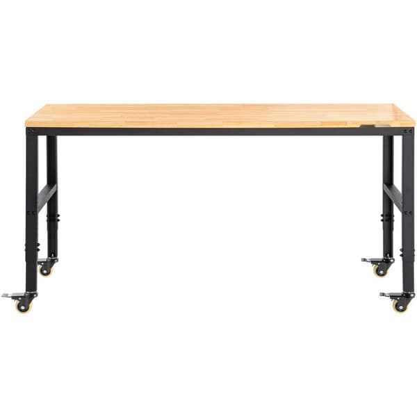 Justerbar arbejdsbænk 155 x 51 cm til garage, 720 kg kapacitet, med strømudtag, hårdttrætop, metalramme og drejelige hjul. Ideel til hjemmet.