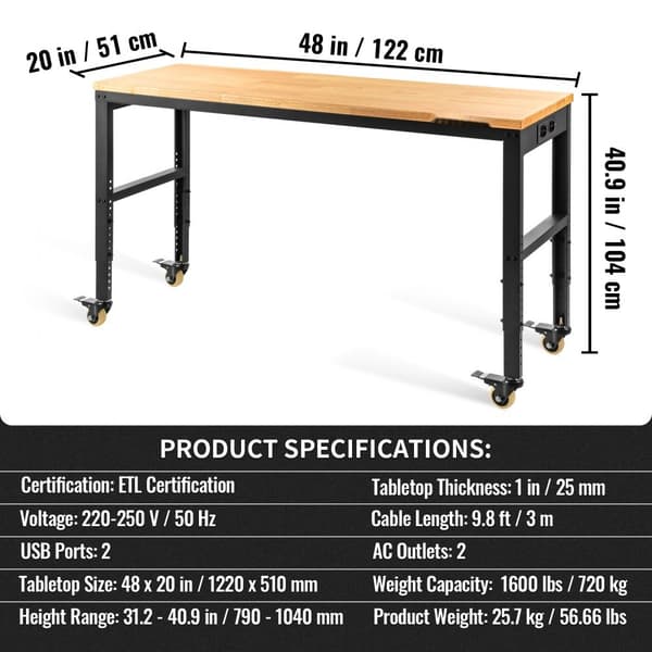 Säädettävä työpenkki autotallille, korkeus 79–104 cm, kapasiteetti 720 kg, pistorasiat ja kääntyvät pyörät.