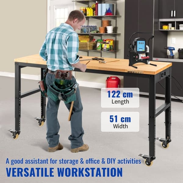 Säädettävä työpenkki autotallille, korkeus 79–104 cm, kapasiteetti 720 kg, pistorasiat ja kääntyvät pyörät.