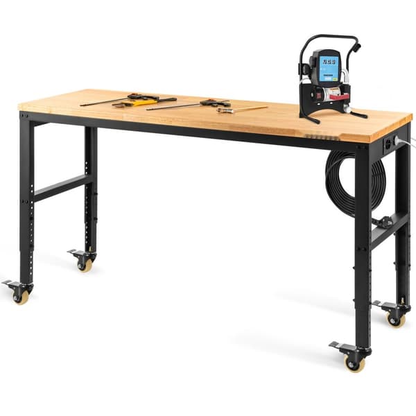 Säädettävä työpenkki autotallille, korkeus 79–104 cm, kapasiteetti 720 kg, pistorasiat ja kääntyvät pyörät.
