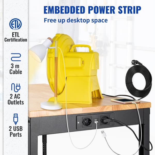 Arbetsbänk Justerbar höjd 79-104 cm, 122 cm BX 61 cm DX, 720 kg kapacitet, eluttag, lövträskiva, metallram, svängbara hjul.