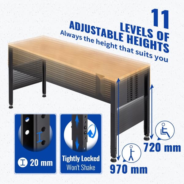 Justerbar arbejdsbænk 183 x 64 cm til garage med Højde 72-97 cm, 900 kg kapacitet, strømudtag, hårdttræ og metalramme