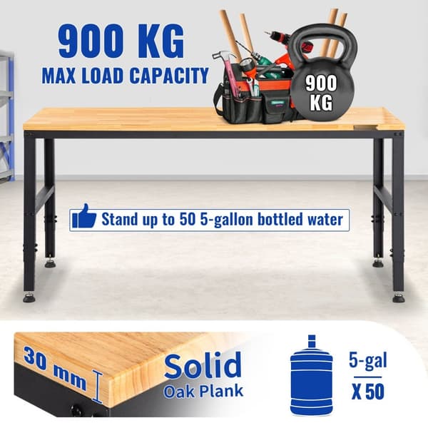 Justerbar arbejdsbænk 183 x 64 cm til garage med Højde 72-97 cm, 900 kg kapacitet, strømudtag, hårdttræ og metalramme