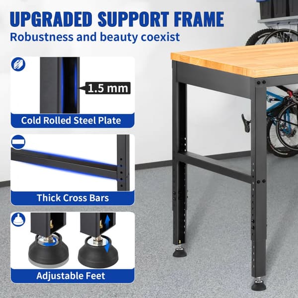 Justerbar arbejdsbænk 183 x 64 cm til garage med Højde 72-97 cm, 900 kg kapacitet, strømudtag, hårdttræ og metalramme
