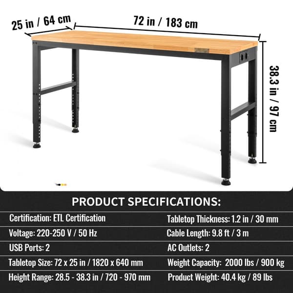 Justerbar arbejdsbænk 183 x 64 cm til garage med Højde 72-97 cm, 900 kg kapacitet, strømudtag, hårdttræ og metalramme