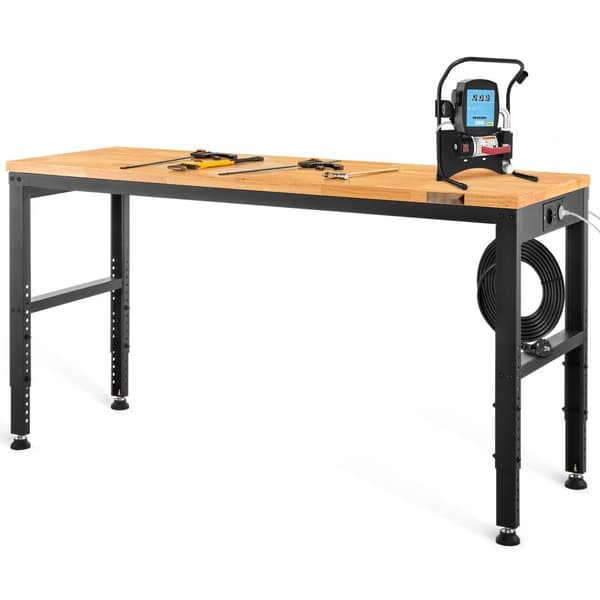 Justerbar arbejdsbænk 183 x 64 cm til garage med Højde 72-97 cm, 900 kg kapacitet, strømudtag, hårdttræ og metalramme