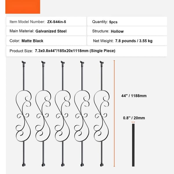 Trappe metal balustre, 44'' x 1/2" galvaniseret stål, dekorative gelændere, 5 stk S-formede dækbalustre m. spiraltrappegelænder og skruer.