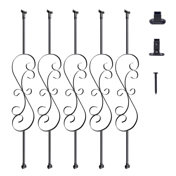 Trappe metal balustre, 44'' x 1/2" galvaniseret stål, dekorative gelændere, 5 stk S-formede dækbalustre m. spiraltrappegelænder og skruer.