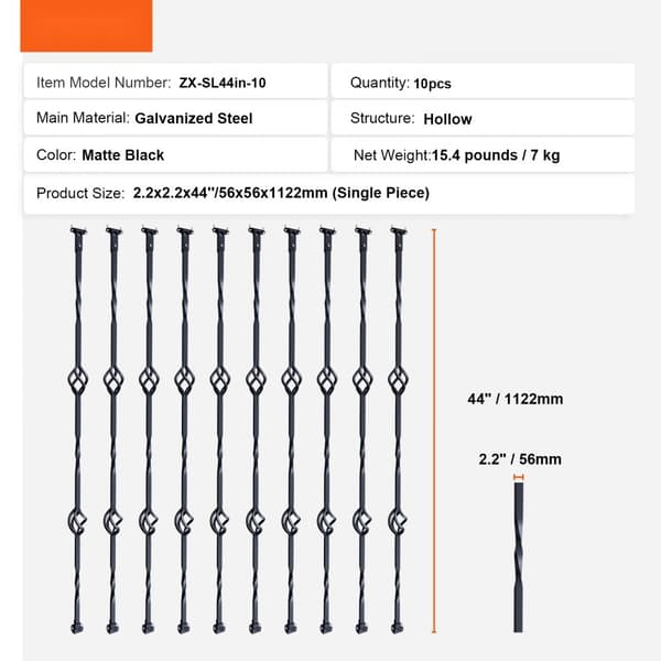 Trappe metal balustre, 44'' x 1/2" galvaniseret stål. Dekorative gelænderspindler; 10 pakker med hule dobbelte kurve og skruer til spiraltrappe.