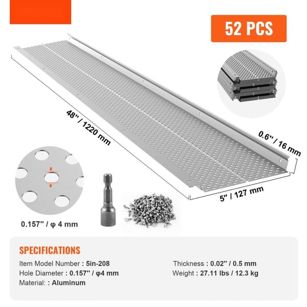 Rännskydd i aluminium, 5 tum bredd, 52 st, 208 fot totalt, 0,157 tum håldiameter. Passar alla tak och ränntyper.
