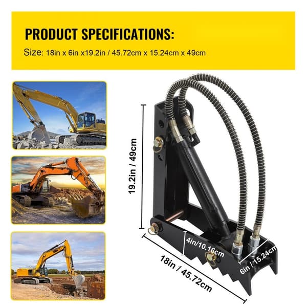 Hydraulinen kaivurin peukalo, 18" x 1/2", raskaan käytön malli mustalla teräksellä ja hydraulisylinterillä.