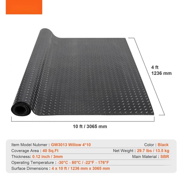 Diamond-Plate gummigolvrulle, 3 mm x 1,2 m x 3 m garagegolvmatta, lätt att rengöra, svart gummimatta för garage och gym.