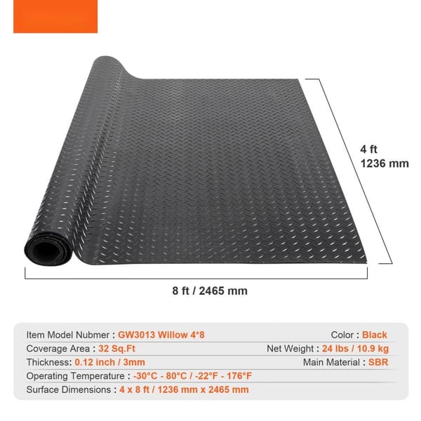 Diamond-plate gummigulvrulle, 3 mm x 1,2 m x 2,4 m til garage. SBR-gummi, let at rengøre, perfekt til biler og fitness. Sort.