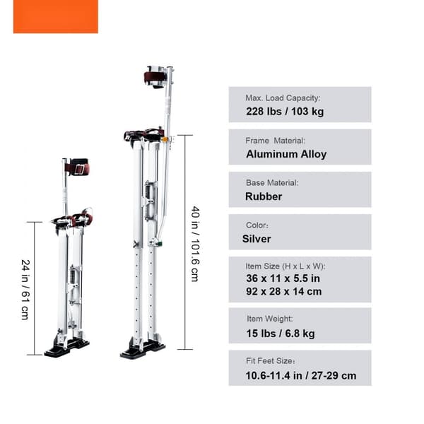 Gipsvægsstylter 24''-40'' justerbare i aluminium, med knæbeskyttere. Holdbare og skridsikre til maling, taping og sølvarbejde.