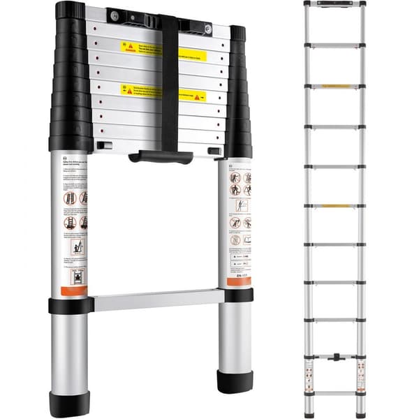 Teleskopstege 10,5 FT aluminium, hopfällbar, 375 LBS kapacitet, halkfria fötter, bärbar för hem och husbil.