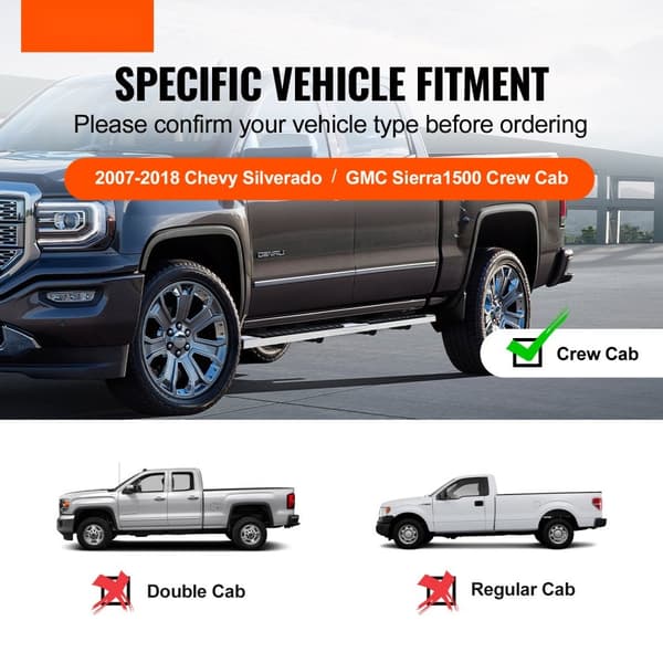Løbebrætter og 6" trinstænger til 2007-2018 Chevy Silverado/GMC Sierra 1500, mandskabsførerhus; rustfrit stål Nerf-stænger, 500 LBS.