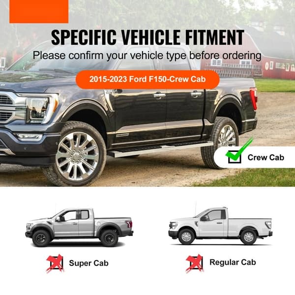 Løbebrætter og 6" trinstænger til Ford F150 (2015-2023) og F250/F350 (2017-2023). 2 rustfrit stål sidetrin, 500 lbs kapacitet.