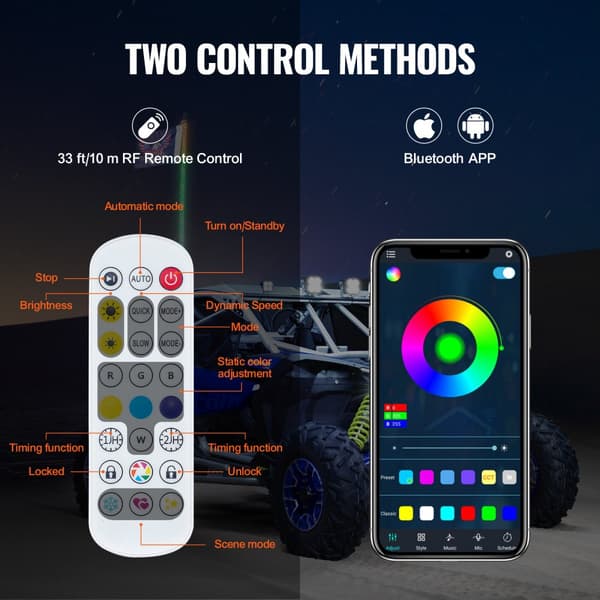LED-piiskavalot 2kpl 5FT RGB spiraaliantennivalo kaukosäätimellä ATV:lle, UTV:lle ja RZR:lle.