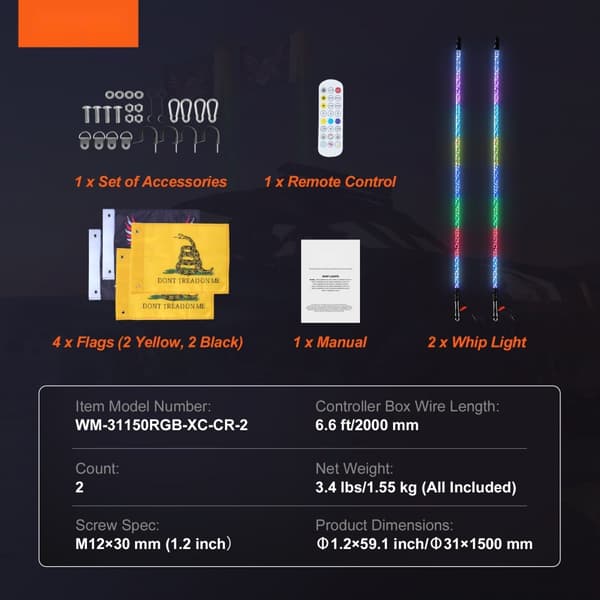 LED-piiskavalot 2kpl 5FT RGB spiraaliantennivalo kaukosäätimellä ATV:lle, UTV:lle ja RZR:lle.