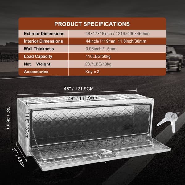 Undervognskasse 48"×17"×18", robust vandtæt aluminium værktøjskasse med lås, perfekt til lastbil og traileropbevaring.