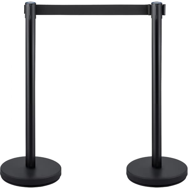 Crowd Control-støtte med 4 stykker, 2 m sort bælte og barriere med beton- og metalbase – nem at samle.