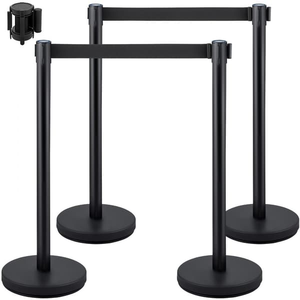 Crowd Control-støtte med 4 stykker, 2 m sort bælte og barriere med beton- og metalbase – nem at samle.