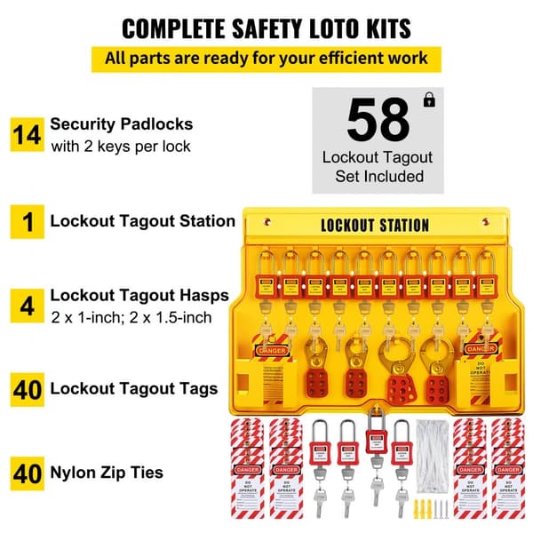 58 STK Lockout Tagout-sæt til elektrisk sikkerhed. Inkluderer hængelåse, station, hasp, mærker og zip-bånd. Ideelt værktøj til industri og maskiner.