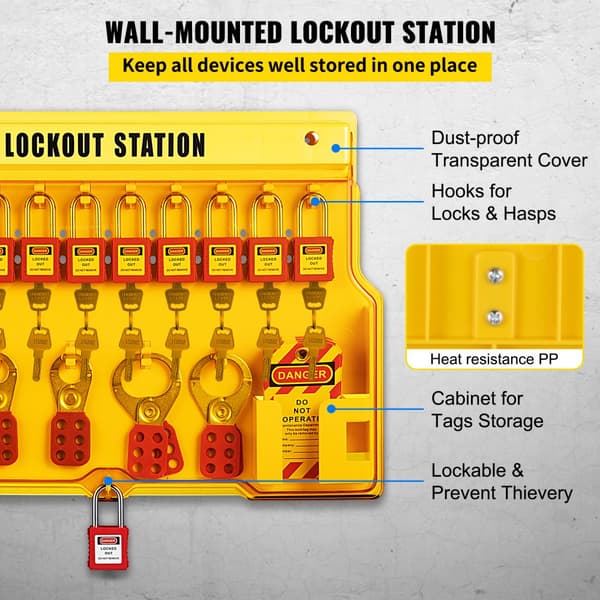 58 STK Lockout Tagout-sæt til elektrisk sikkerhed. Inkluderer hængelåse, station, hasp, mærker og zip-bånd. Ideelt værktøj til industri og maskiner.