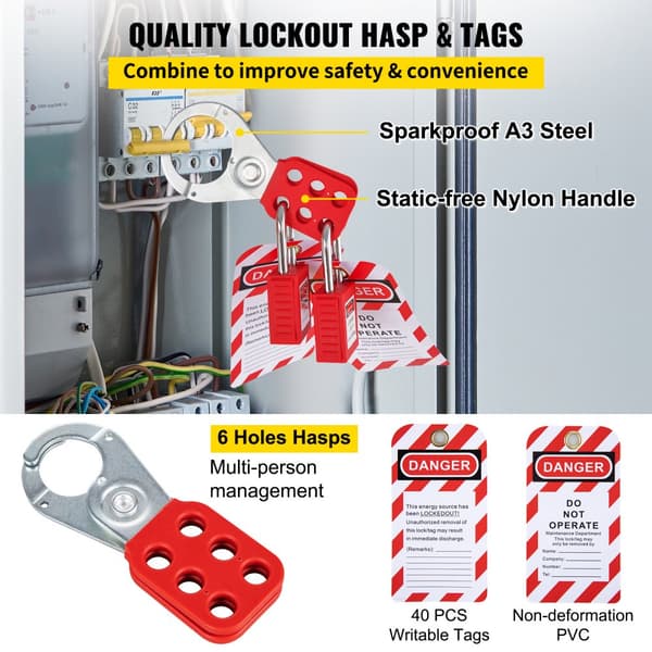 58 STK Lockout Tagout-sæt til elektrisk sikkerhed. Inkluderer hængelåse, station, hasp, mærker og zip-bånd. Ideelt værktøj til industri og maskiner.