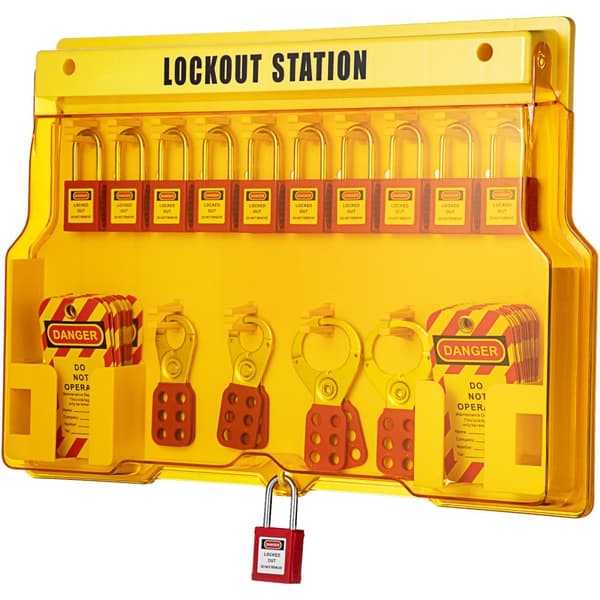 58 STK Lockout Tagout-sæt til elektrisk sikkerhed. Inkluderer hængelåse, station, hasp, mærker og zip-bånd. Ideelt værktøj til industri og maskiner.